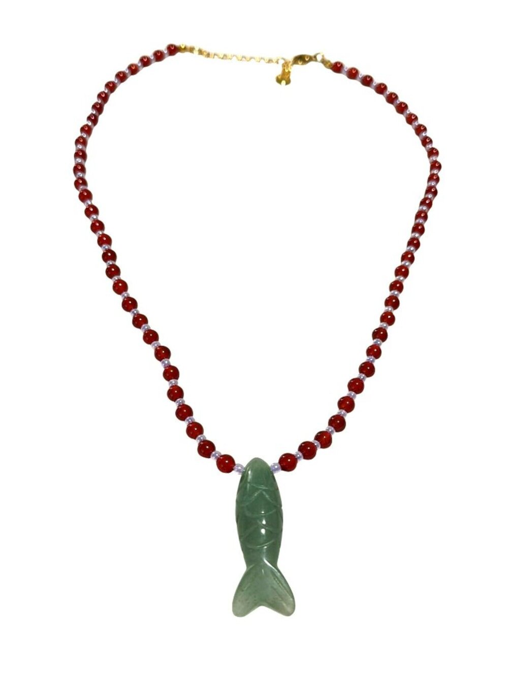 Mayamar Gold-Plated Chain Necklace With Green Jade Fish Pendant & Red Beads